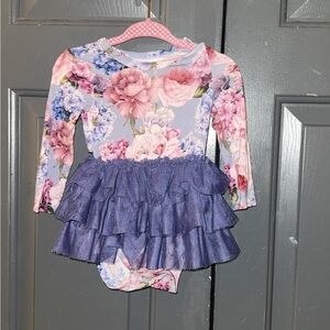 Posh Peanut Pink and Blue Floral Baby Dress w Tulle